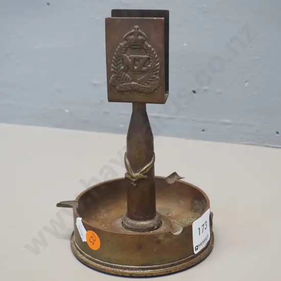 vintage brass ashtray and matchbox holder made from shell casings with NZ Infantry logo - one cigarette holder missing