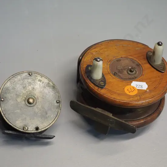 2 vintage spinning reels - timber & brass, no maker's marks D-100 and brass Tisdall New Zealand D-70