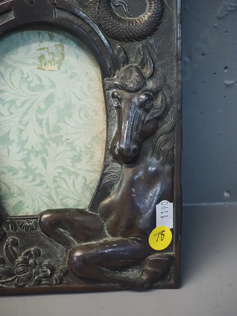 heavy cast metal copper or copper-finish dragon and horses motif dual picture frame - back stand removed H-190 W-250 Image 1++