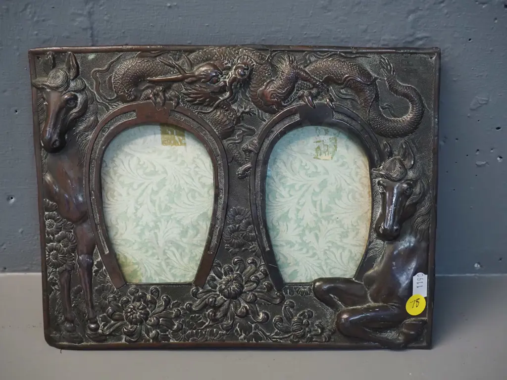 heavy cast metal copper or copper-finish dragon and horses motif dual picture frame - back stand removed H-190 W-250 Image 1++