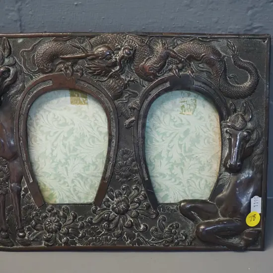 heavy cast metal copper or copper-finish dragon and horses motif dual picture frame - back stand removed H-190 W-250