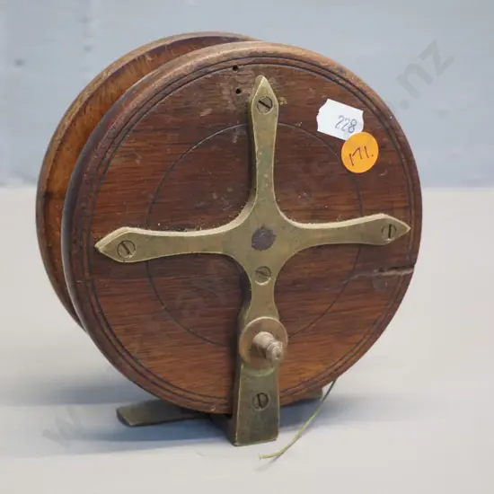 vintage timber & brass spinning reel - no maker's marks, a few small holes and chip Diameter 130