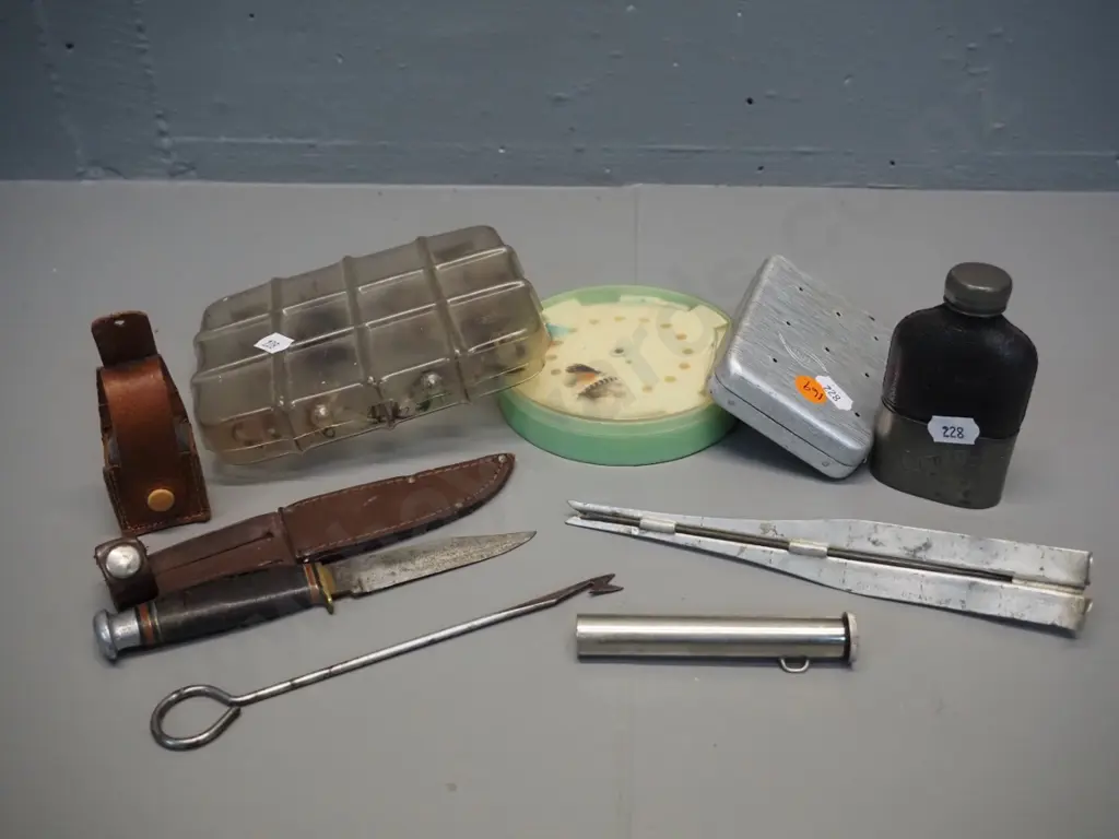 small glass dry fly oil bottle and small knife in leather sheaths, small metal and leather covered glass flask marked Image 1++