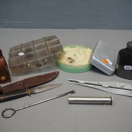 small glass dry fly oil bottle and small knife in leather sheaths, small metal and leather covered glass flask marked