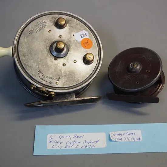 2 vintage English metal spinning reels - circa 1930 Wallace Watson 4" and Young & Sons D-100
