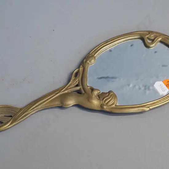 art nouveau style brass hand mirror L-250 W-110