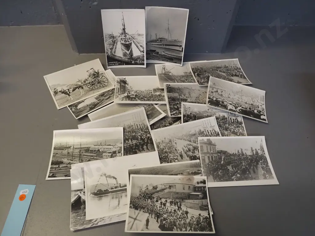 assorted reproduction/copy photographs of troops leaving Port Chalmers for Boer War 1902, TSS Maheno in dock, etc. Image 1++