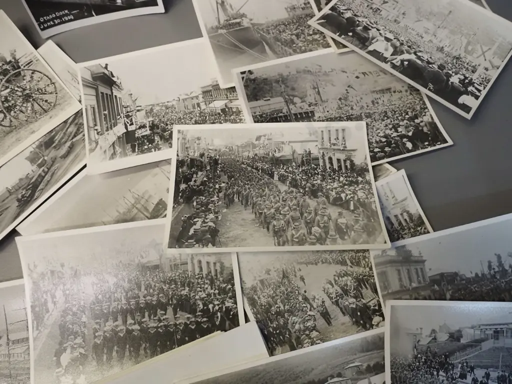 assorted reproduction/copy photographs of troops leaving Port Chalmers for Boer War 1902, TSS Maheno in dock, etc. Image 1++