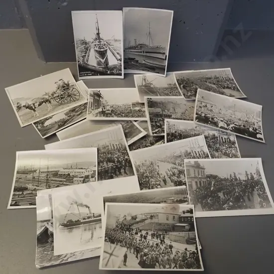 assorted reproduction/copy photographs of troops leaving Port Chalmers for Boer War 1902, TSS Maheno in dock, etc.