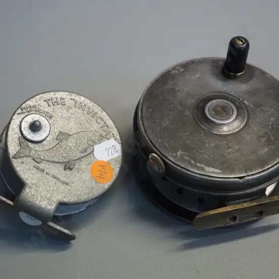 2 vintage English metal spinning reels - metal "The Invicta" and Alex Martin Scotland 4" (made by Walter Dingley