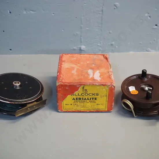 2 English spinngin reels - Bakelite and metal Alcock Aerialite in original box and a C. Farlow 4" fly reel