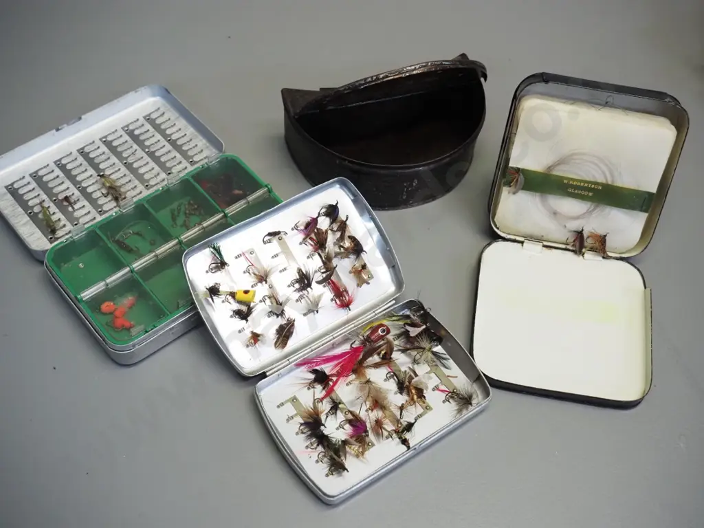 metal live bait waist container, tin of fishing flies and line marked W. Robertson Glasgow, tin marked Perrine and Image 1++