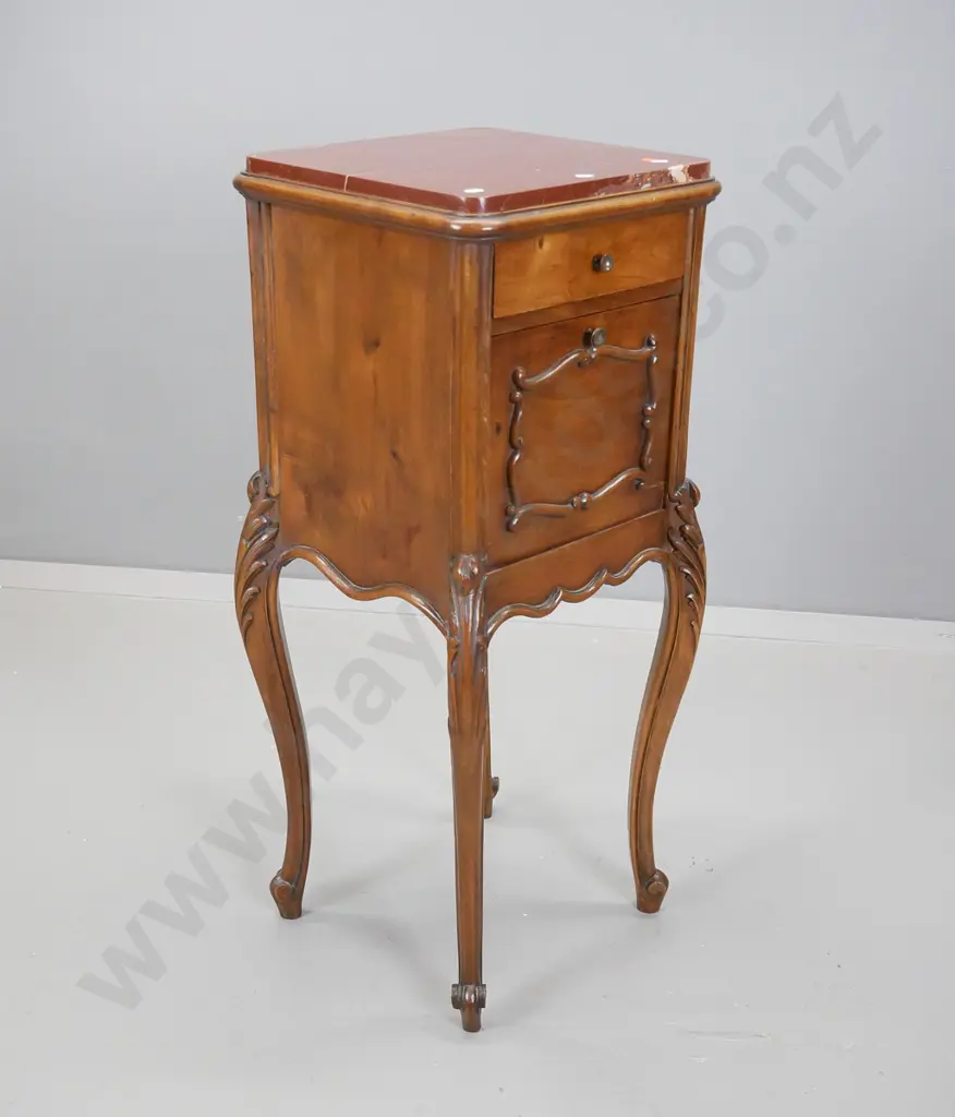 french walnut bedside cabinet, having marble top above single drawer and pull-down front cupboard Image 1++