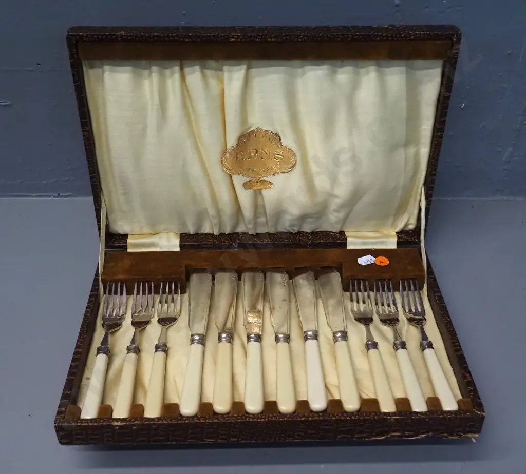 cased set of bone-handled EPNS fish knives and forks Image 1++