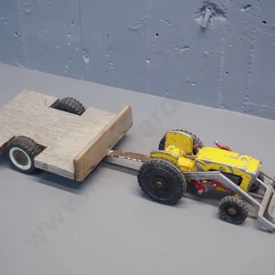 Fun Ho die-cast tractor with front end loader L-230 and a home-made timber trailer with Buddy L wheels L-230
