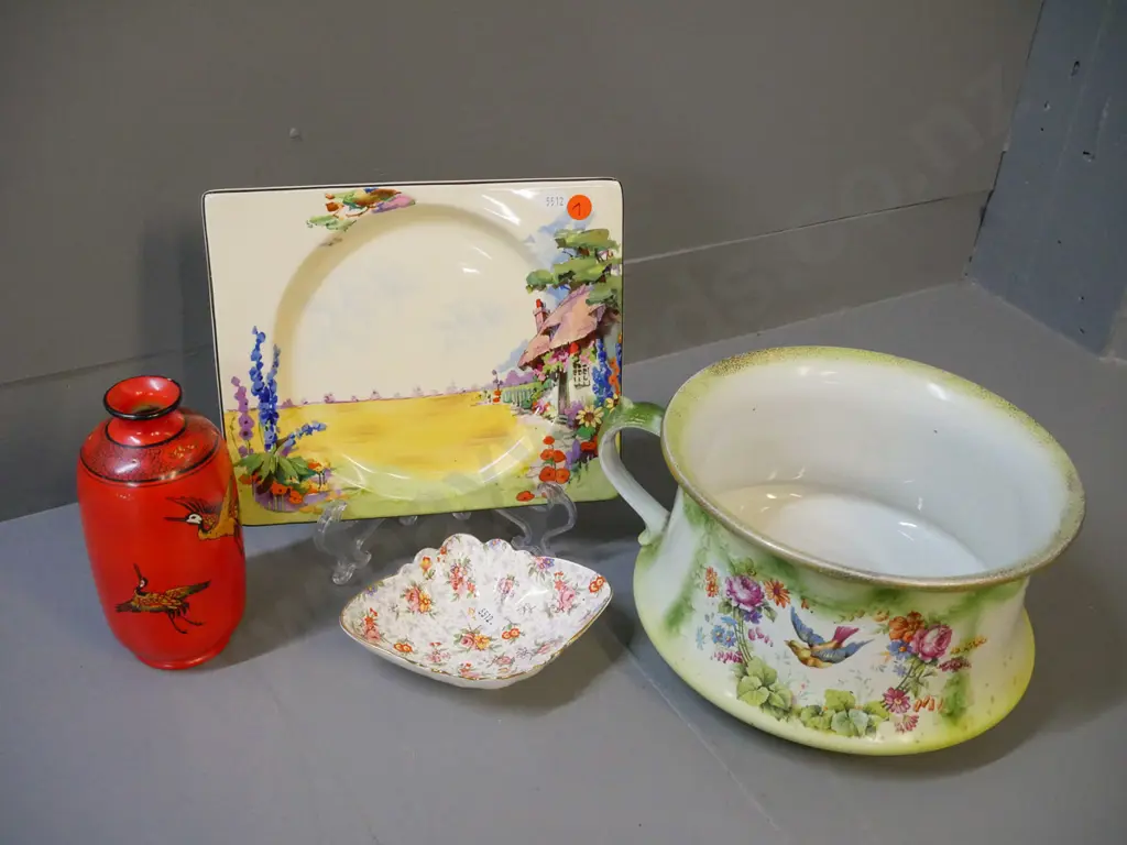 Shelley crane pattern vase H165, Adams chamber pot, Biarritz plate, Royal Winton AOF dish - vase has some wear to glaze Image 1++