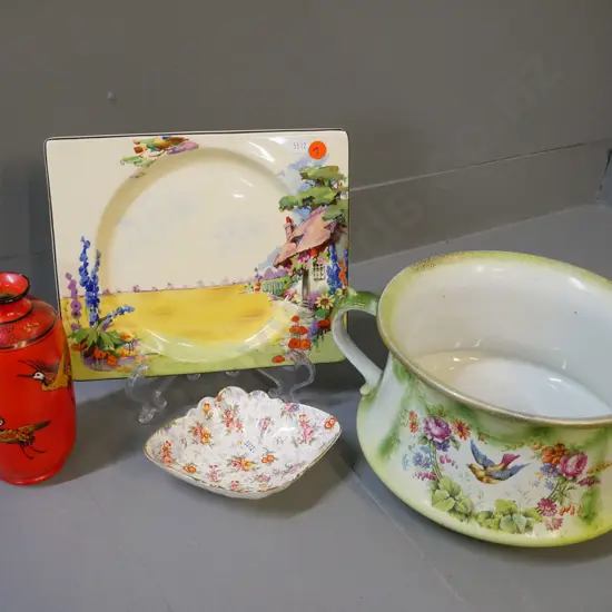 Shelley crane pattern vase H165, Adams chamber pot, Biarritz plate, Royal Winton AOF dish - vase has some wear to glaze