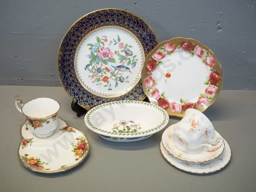 assorted English china: Aynsley cabinet plate, Royal Albert trio and tennis set, Portmeirion small oval baking dish, and Image 1++