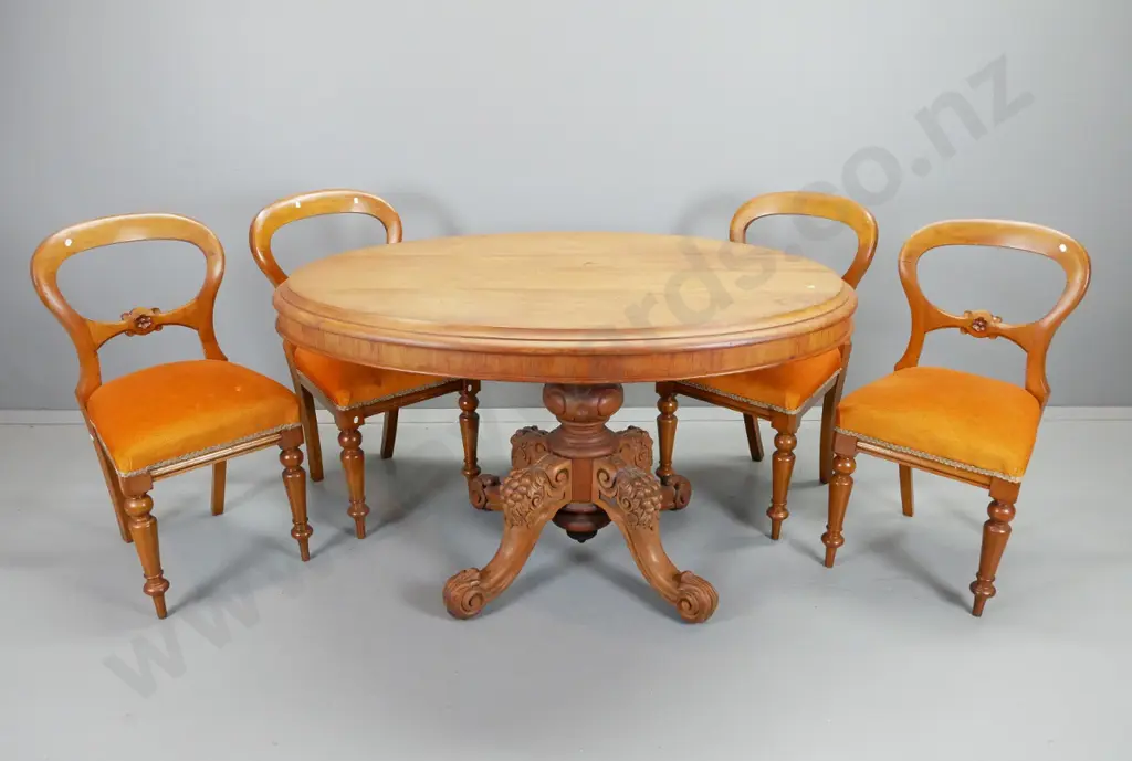 colonial oval tilt-top loo table on 4 point heavily carved pedestal base w/four  rimu and kauri balloon back chairs, Image 1++