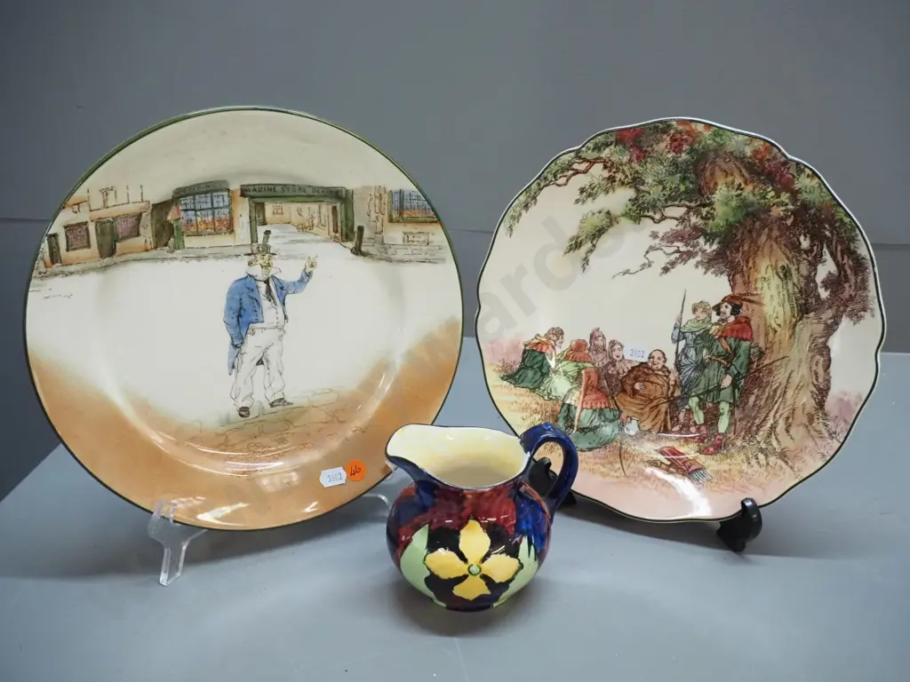 2 Royal Albert cabinet plates - Captain Cuttle and Under the Greenwood Tree D-260 & small Tunstall jug H-110 Image 1++