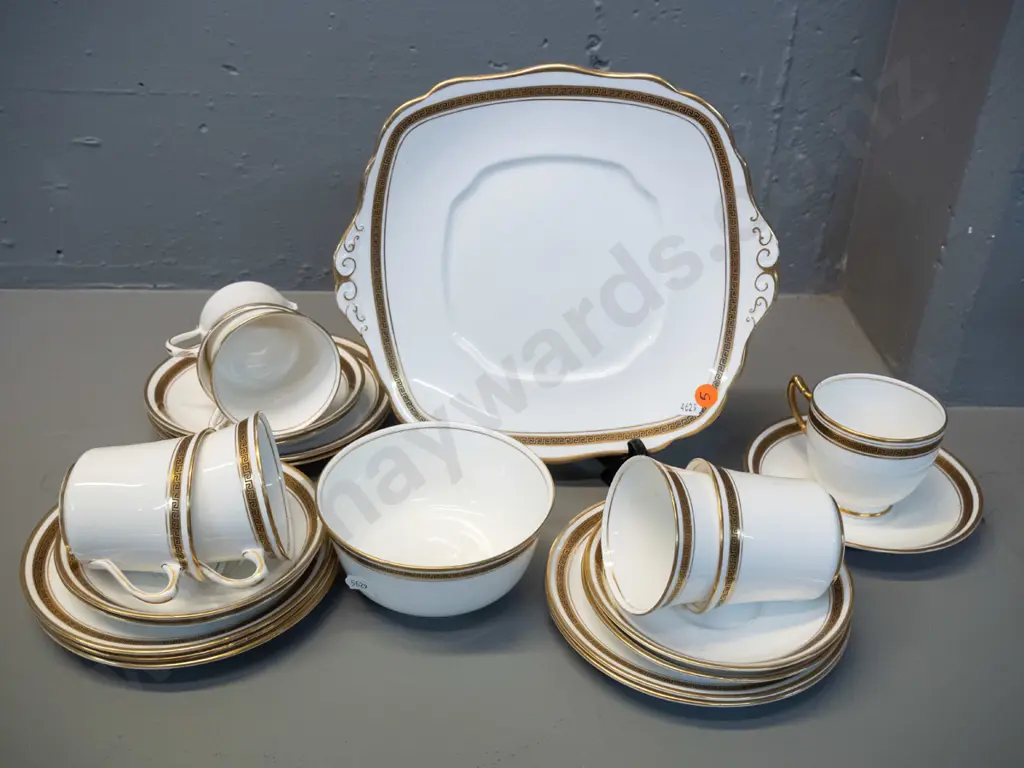 Royal Albert 20-piece  tea set - gold Greek band motif. No milk jug, has extra cup & saucer Image 1++