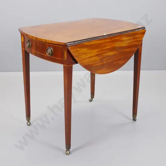 mahogany drop-side Pembroke table, having drawer at one end and dummy drawer at other,