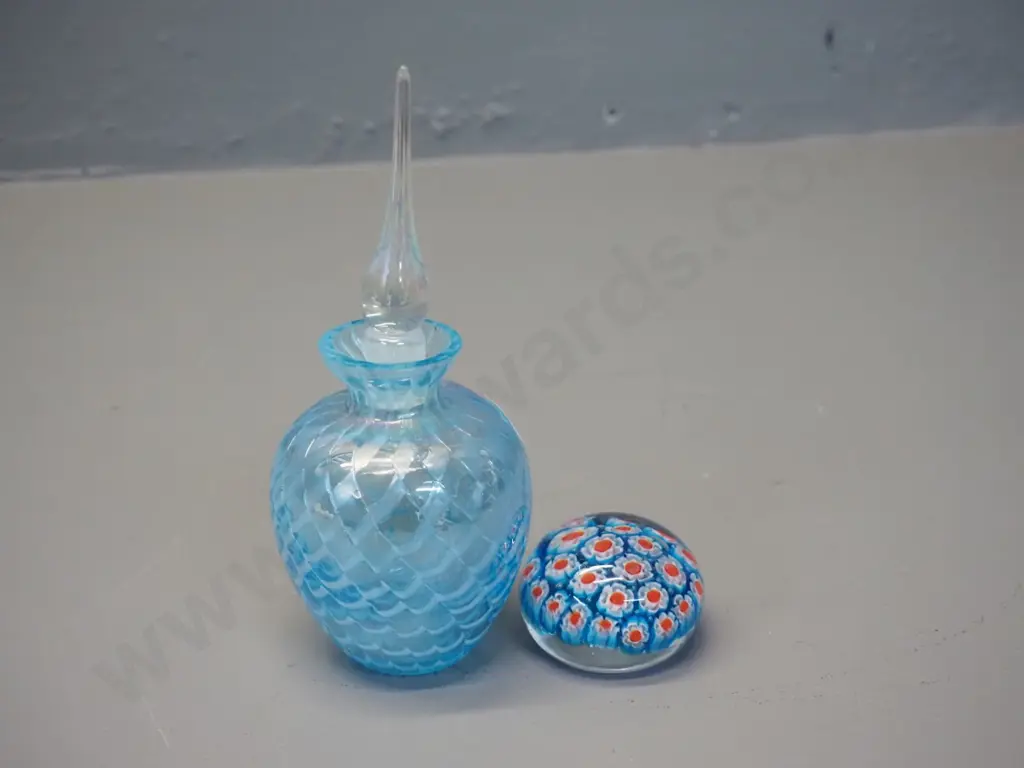 art glass teal blue stoppered scent bottle H-160 and a small paperweight Image 1++