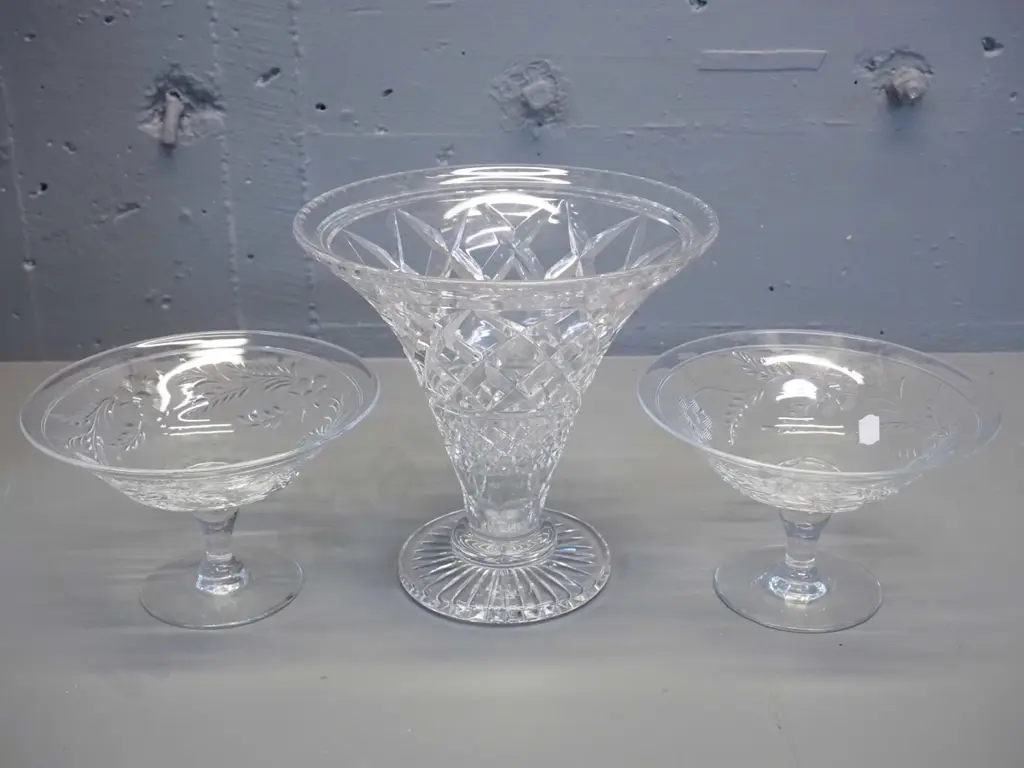 3 cut crystal items - large trumpet vase H-200 D-200 and 2 Webb-Corbett comport dishes Image 1++