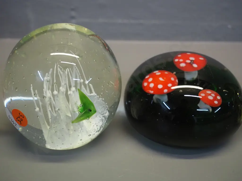 4 glass paperweights - toadstools D-90, teapot, tropical fish with coral motif, and yellow swirl Image 1++