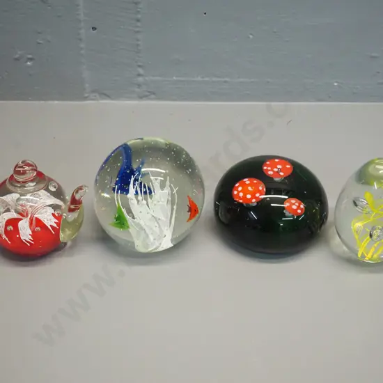 4 glass paperweights - toadstools D-90, teapot, tropical fish with coral motif, and yellow swirl