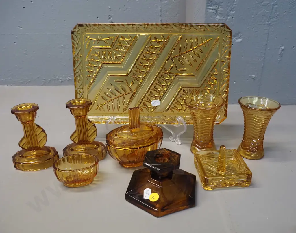 amber depression glass items - dressing table tray, 2 small vases, ring holder, lidded trinket, pair candlesticks etc & Image 1++
