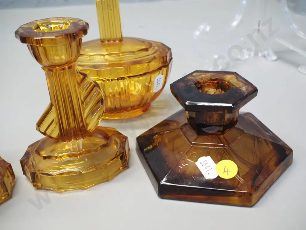 amber depression glass items - dressing table tray, 2 small vases, ring holder, lidded trinket, pair candlesticks etc & Image 1++