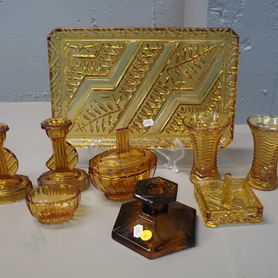 amber depression glass items - dressing table tray, 2 small vases, ring holder, lidded trinket, pair candlesticks etc &