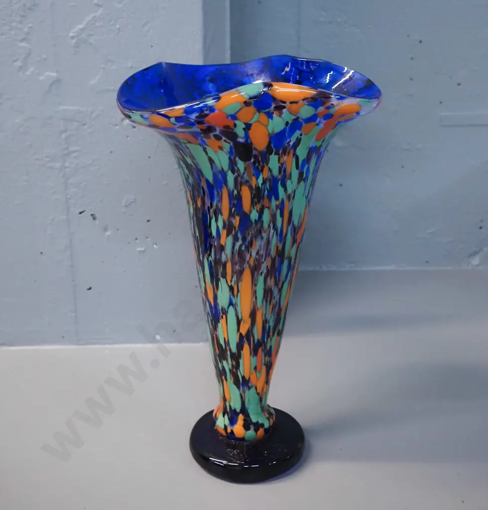 art glass vase - blue base and inner with multi-coloured stipple pattern H-270 D-165 Image 1++