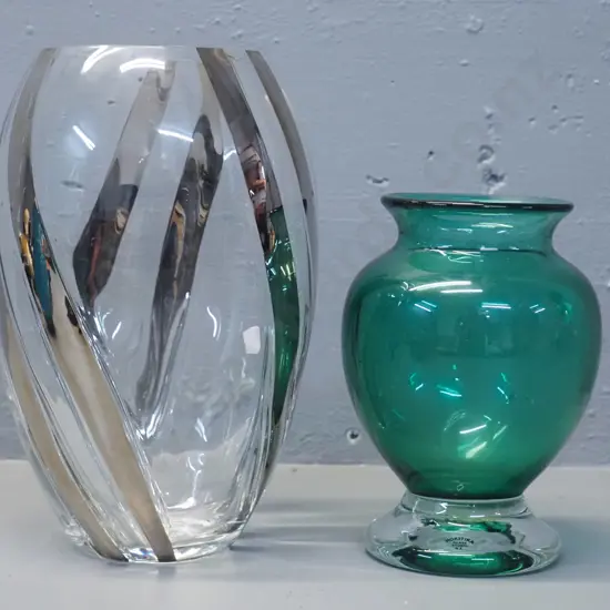 clear-based green Hokitika Glass Studios art glass vase & a Bohemian crystal vase with silver overlay H255 - some
