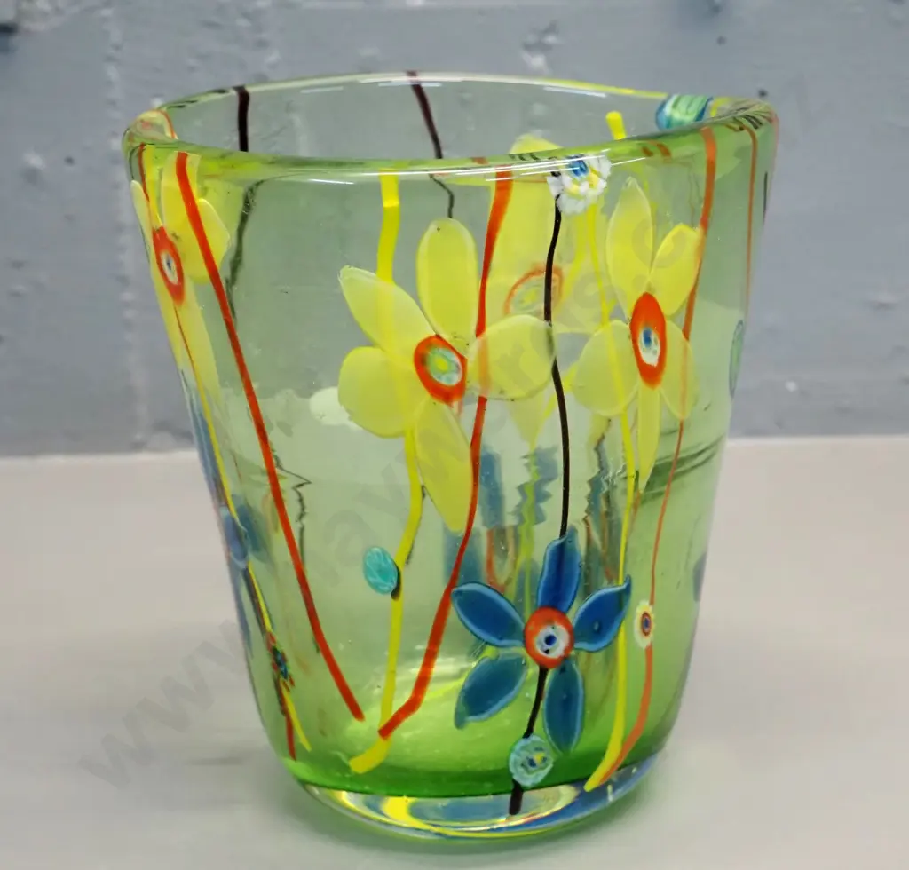art glass vase - bright green with millefiore and flower motifs H-170 D-160 at rim Image 1++