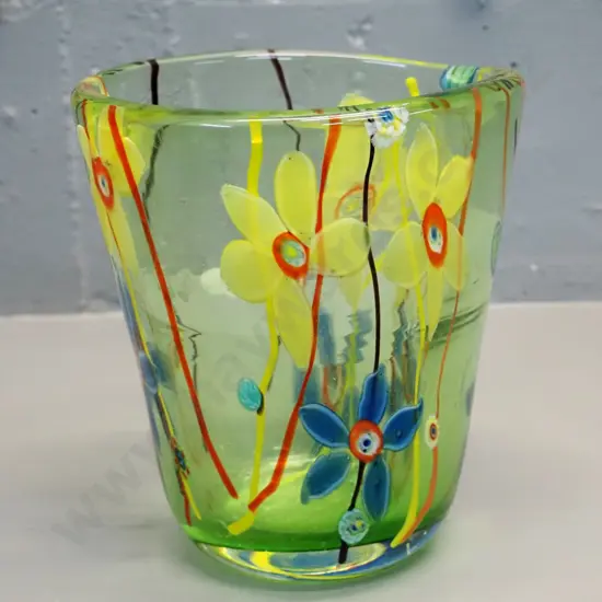 art glass vase - bright green with millefiore and flower motifs H-170 D-160 at rim