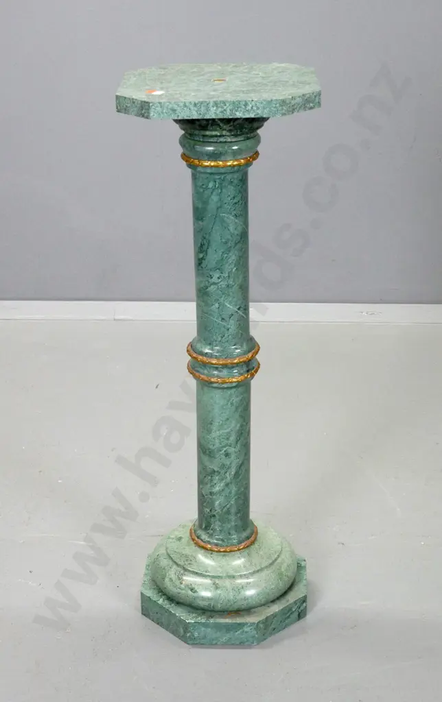 green marble column display stand, brass bands - needs tightening, all sections loose. H-820 Top is D-260 Image 1++