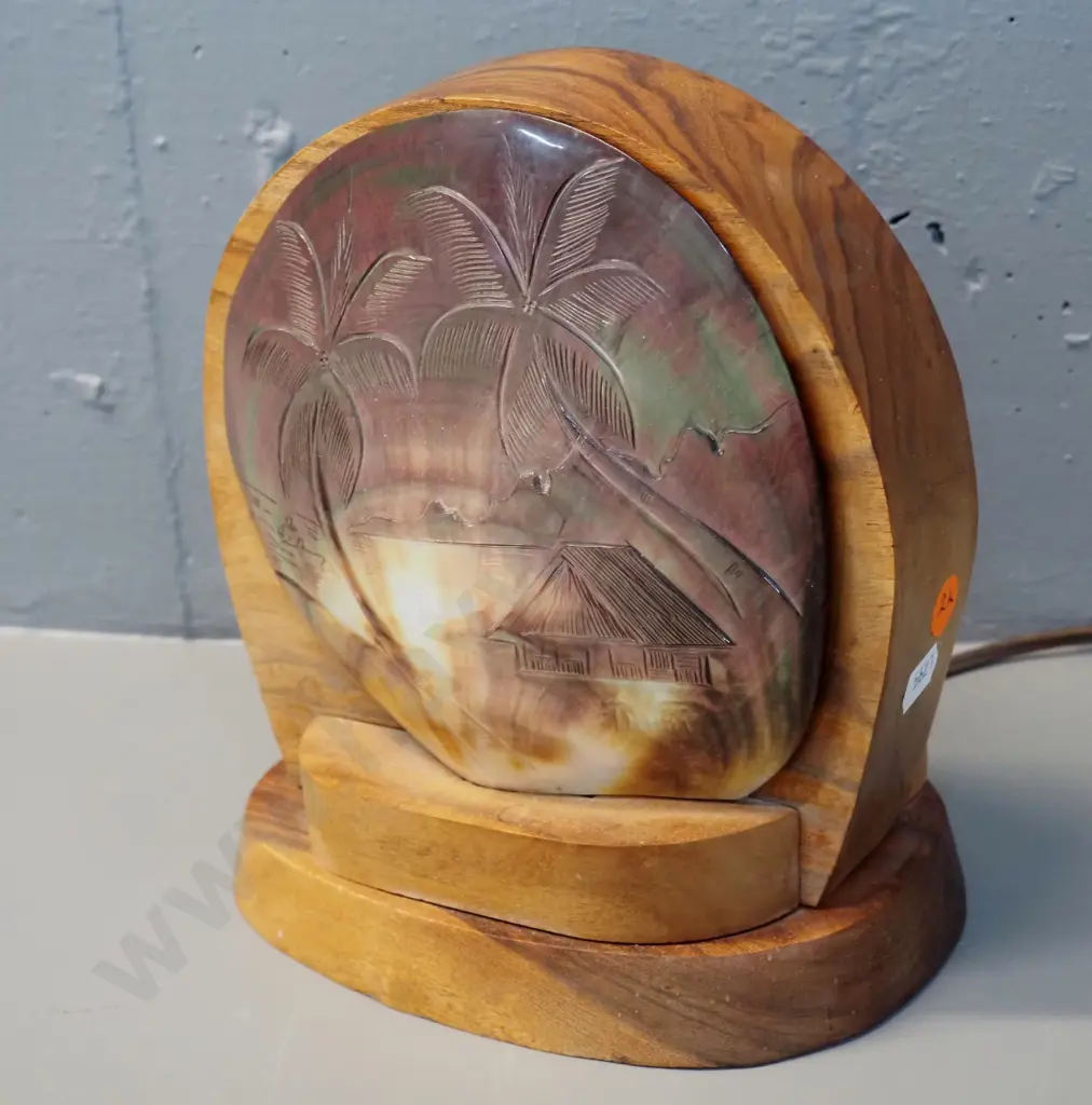 retro timber table lamp with carved shell front, plain shell back H-210 W-180 Image 1++