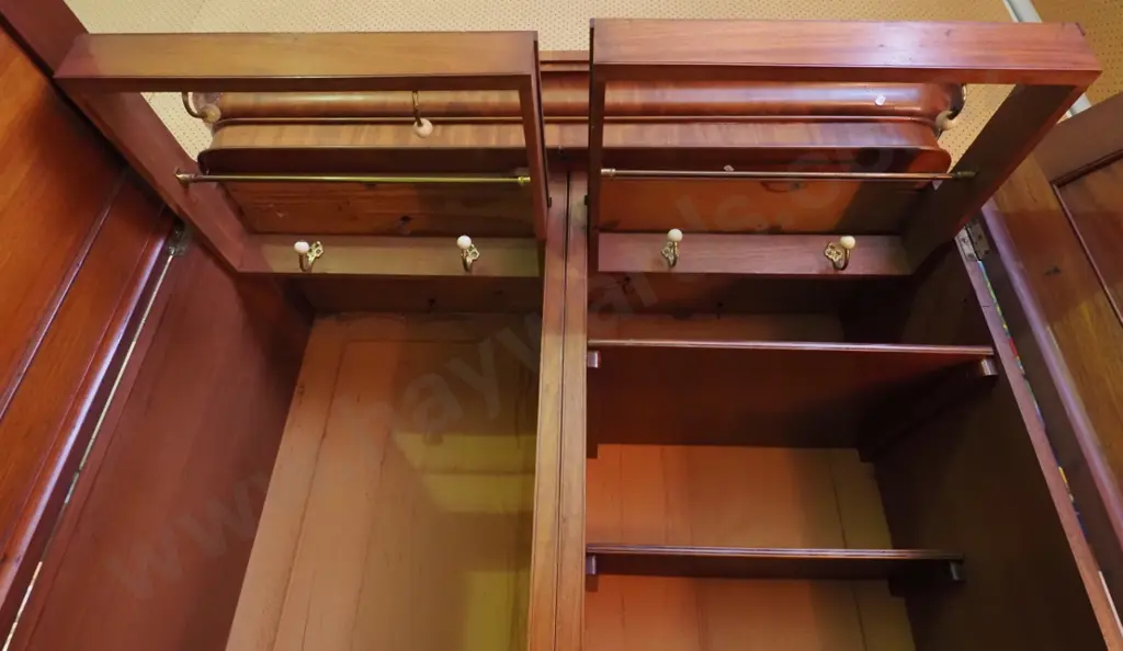 victorian mahogany fitted wardrobe w/ two arched doors, one side hanging space, shoe drawer, linen shelves, boot storage Image 1++