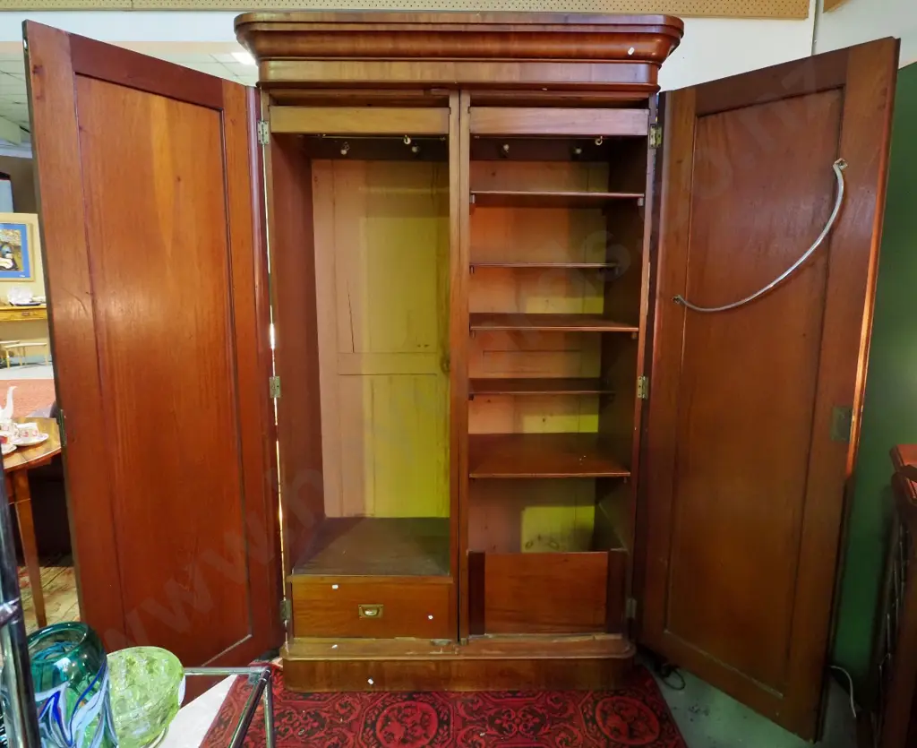 victorian mahogany fitted wardrobe w/ two arched doors, one side hanging space, shoe drawer, linen shelves, boot storage Image 1++