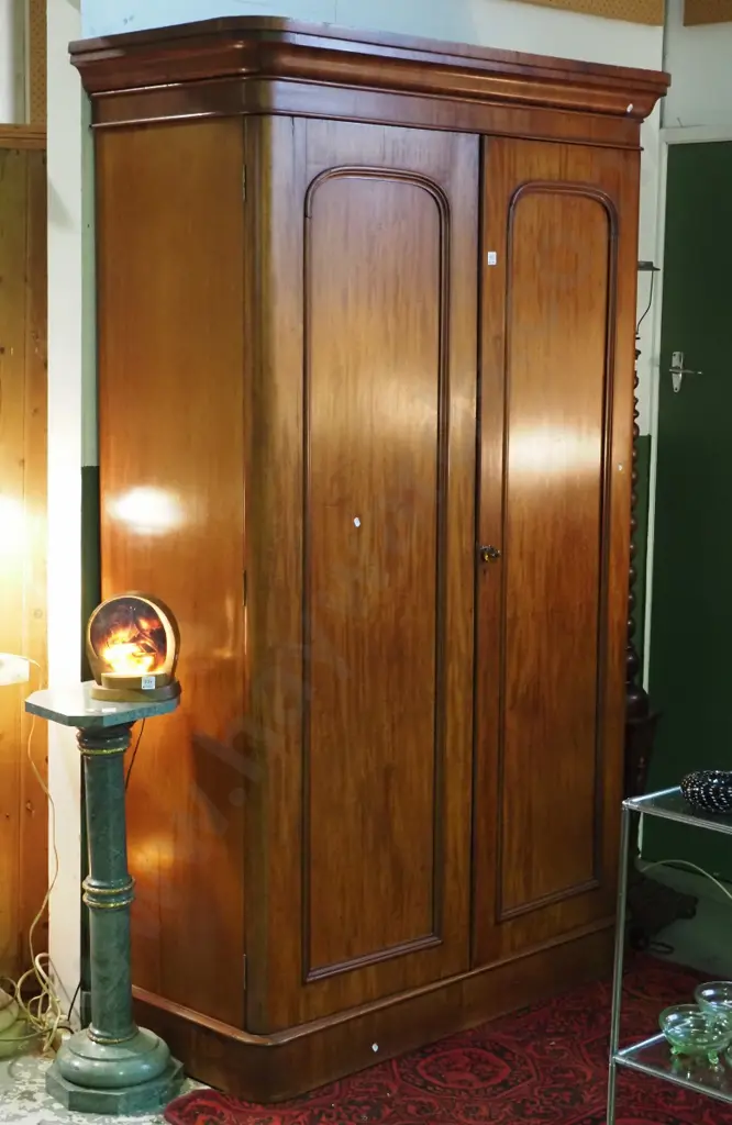 victorian mahogany fitted wardrobe w/ two arched doors, one side hanging space, shoe drawer, linen shelves, boot storage Image 1++