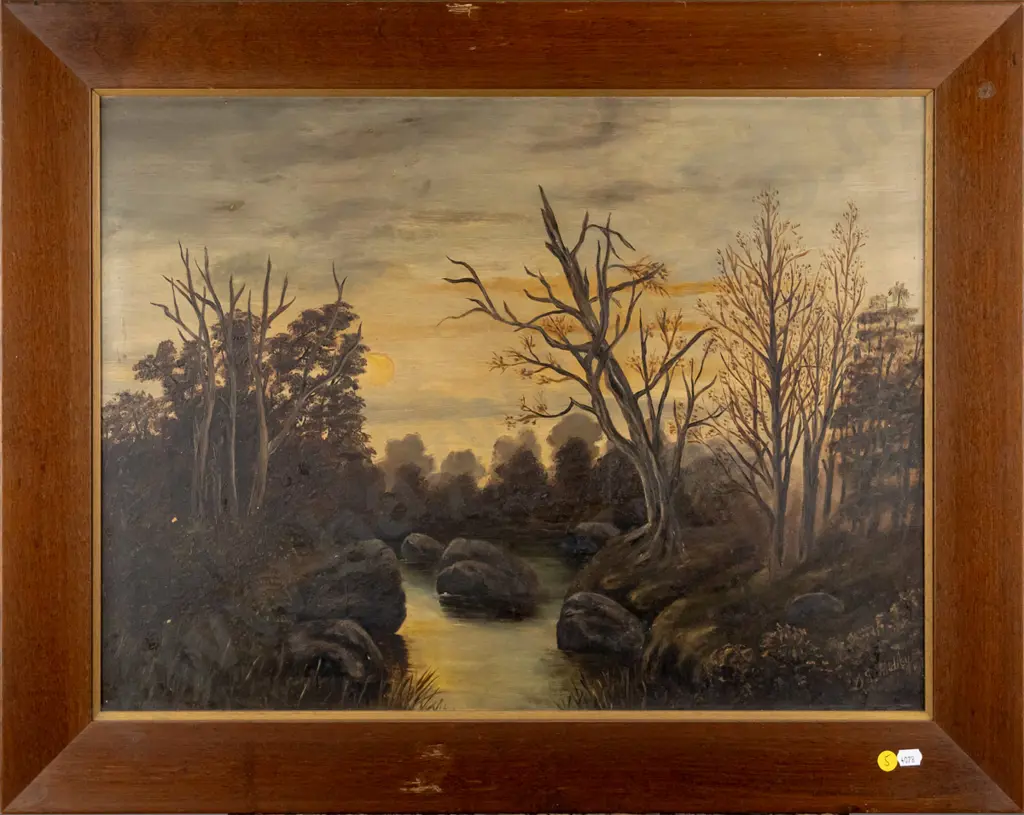 D.G. Ridley - framed oil - tree and river scene. H-450 W-600 - some aging to paint Image 1++