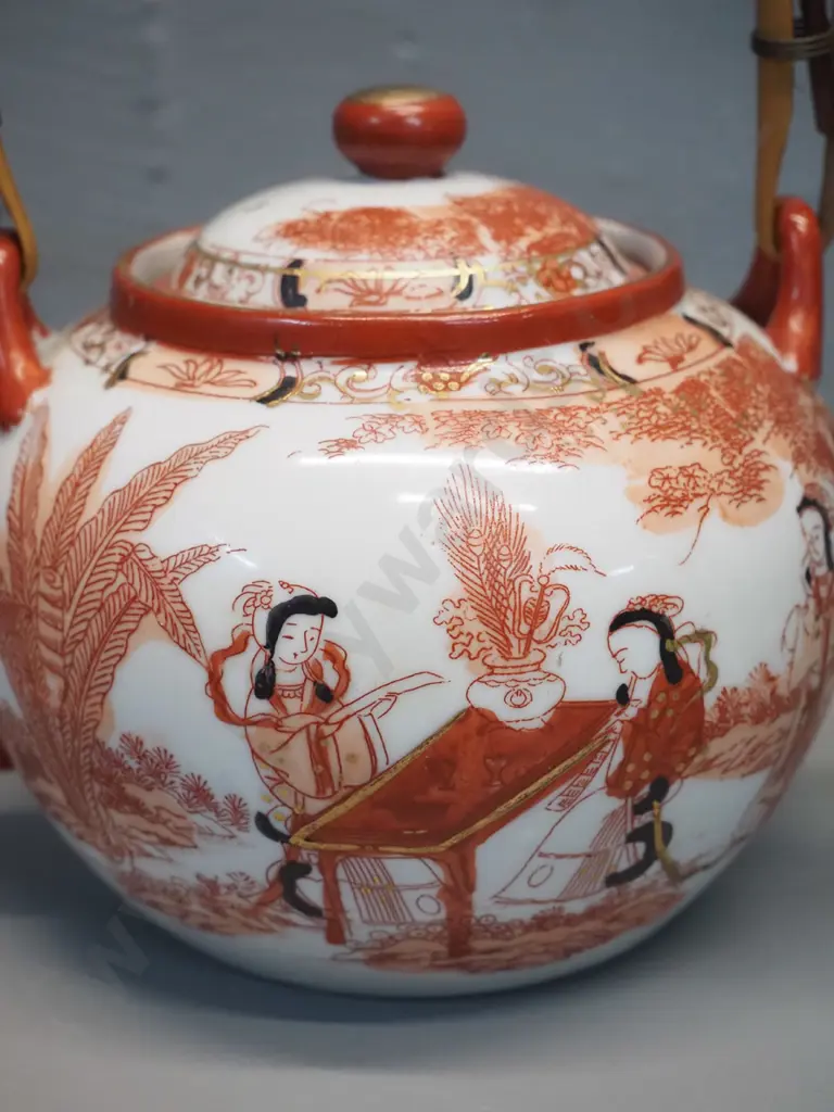 asian Kutani style teapot with strainer and cane handle, small chips to rim, and a porcelain elephant figurine H170 L200 Image 1++
