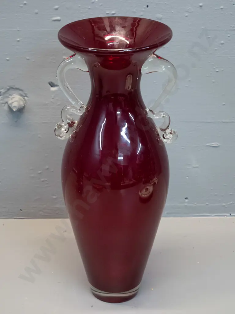 art glass vase - red glass with clear handles H-360 Image 1++