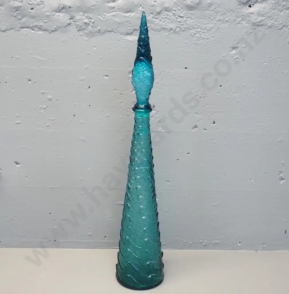 retro moulded turquoise glass genie bottle - plastic stopper liner decaying H-575 D-100 at base Image 1++
