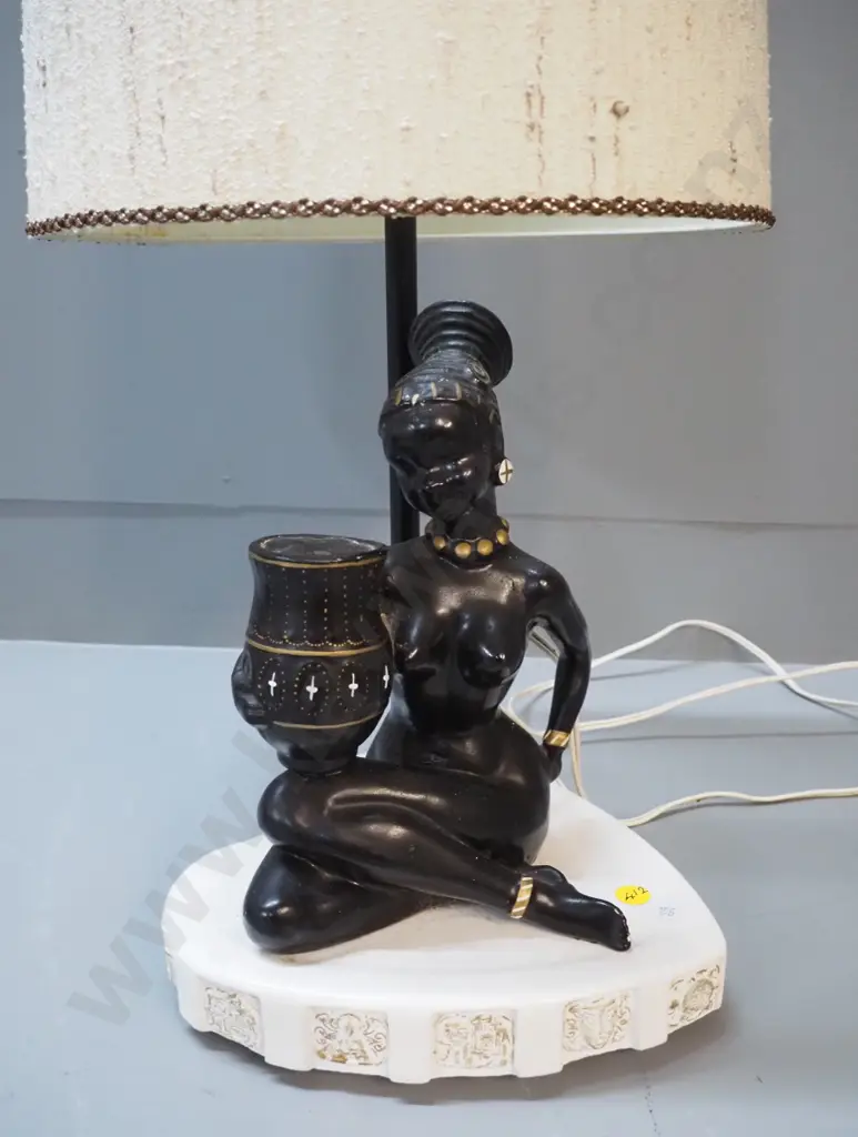 retro ceramic table lamp - sitting figure with urn, fabric shade H-530 W-220 Image 1++