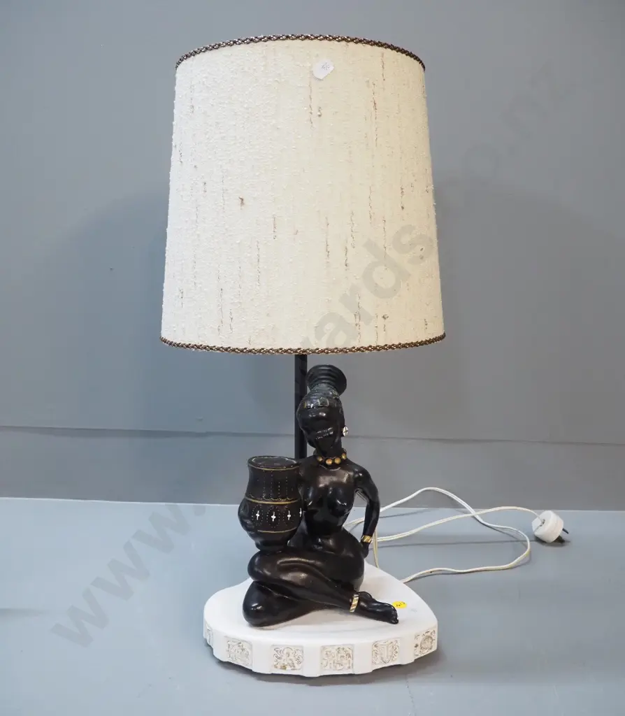 retro ceramic table lamp - sitting figure with urn, fabric shade H-530 W-220 Image 1++
