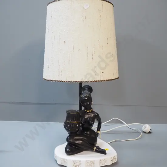 retro ceramic table lamp - sitting figure with urn, fabric shade H-530 W-220