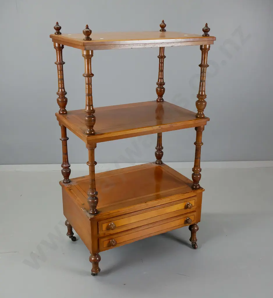 antique walnut whatnot - 2 drawers in base, 2 shelves, banded inlay decoration & turned spindles, on porcelain casters Image 1++